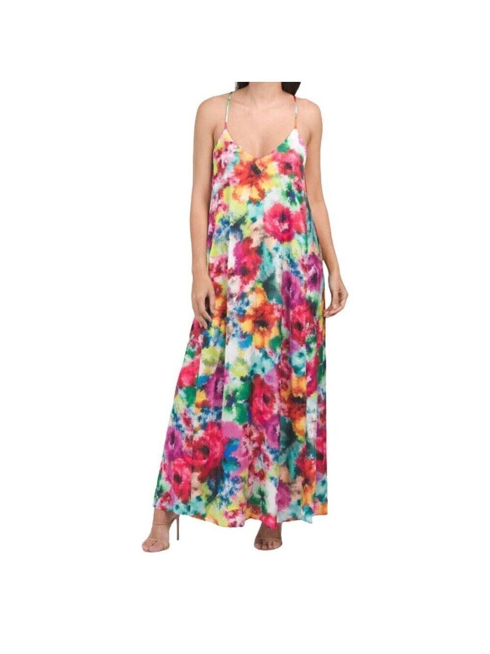 Nicole Miller Satin Watercolor Paint Splatter Sleeveless Maxi Dress sz XS